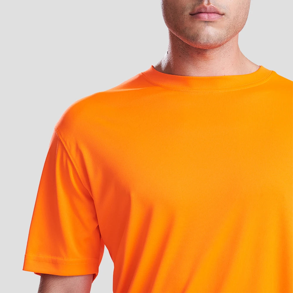 Close-up shot of Model wearing the JC020 AWDis Cool Smooth T-Shirt in Electric Orange