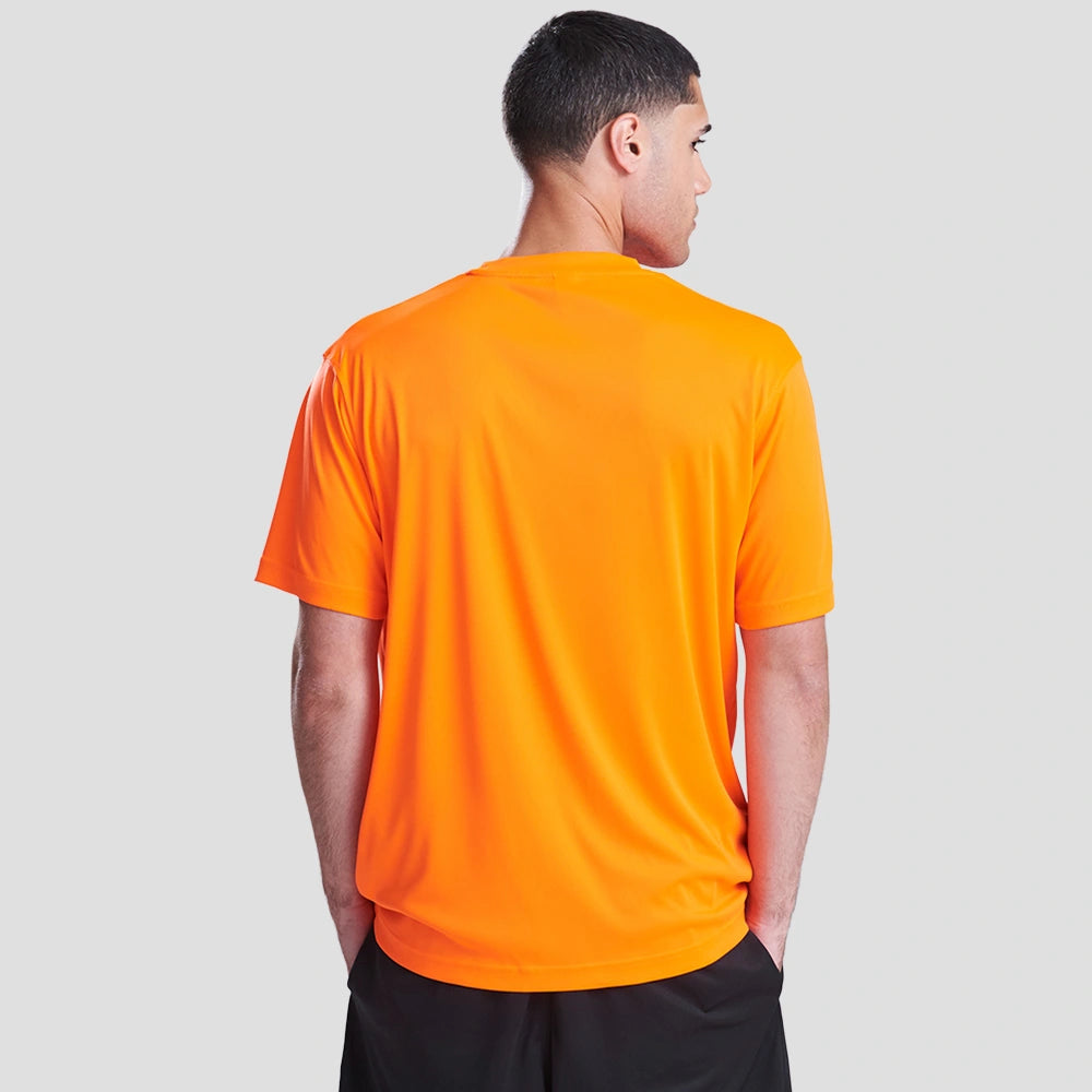 Rear view of Model wearing the JC020 AWDis Cool Smooth T-Shirt in Electric Orange