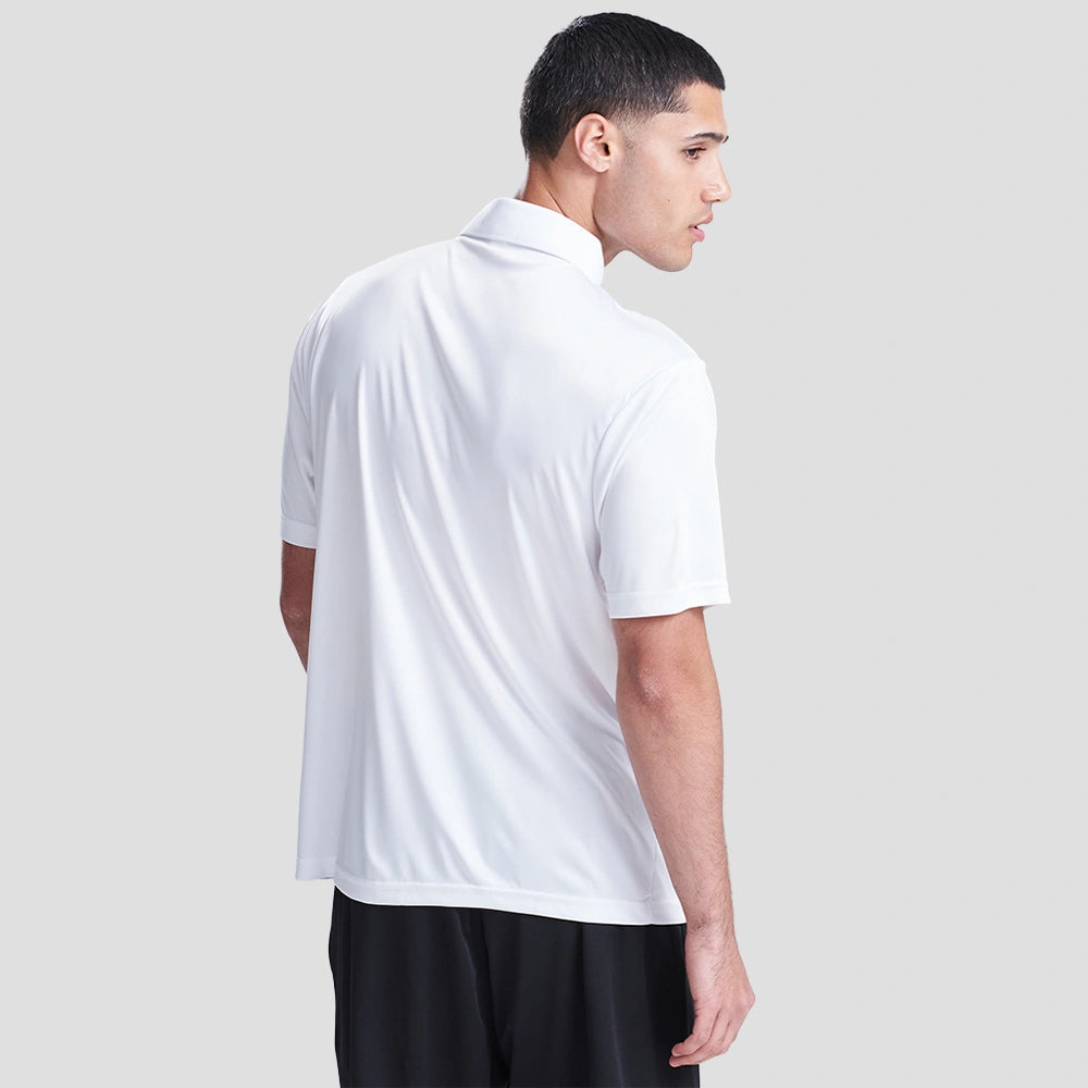Rear view of Model wearing the AWDis Cool Smooth Polo Shirt JC021 in Arctic White