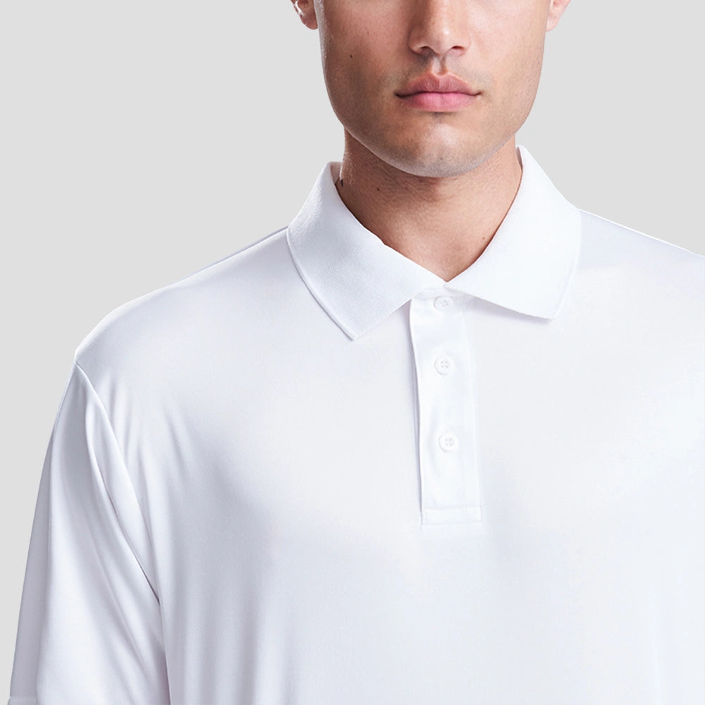 Close up view of Model wearing the AWDis Cool Smooth Polo Shirt JC021 in Arctic White