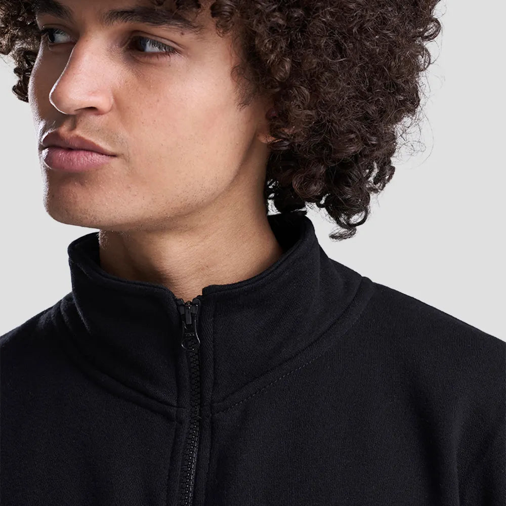 Close-up of Model wearing the JH147 AWDis Campus Full Zip Sweatshirt in Deep Black