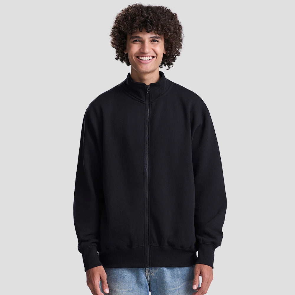 Model wearing the JH147 AWDis Campus Full Zip Sweatshirt in Deep Black
