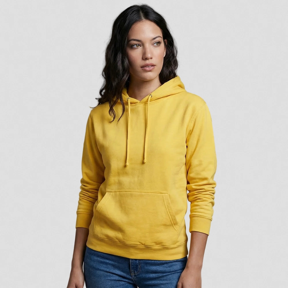 model wearing AWDis College Hoodie (Yellow, Green)
