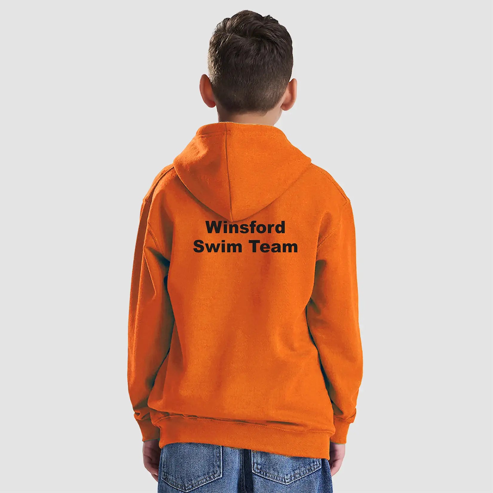 Rear view of Model wearing the Winsford ASC Team Hoodie – Junior (Orange) JH001B
