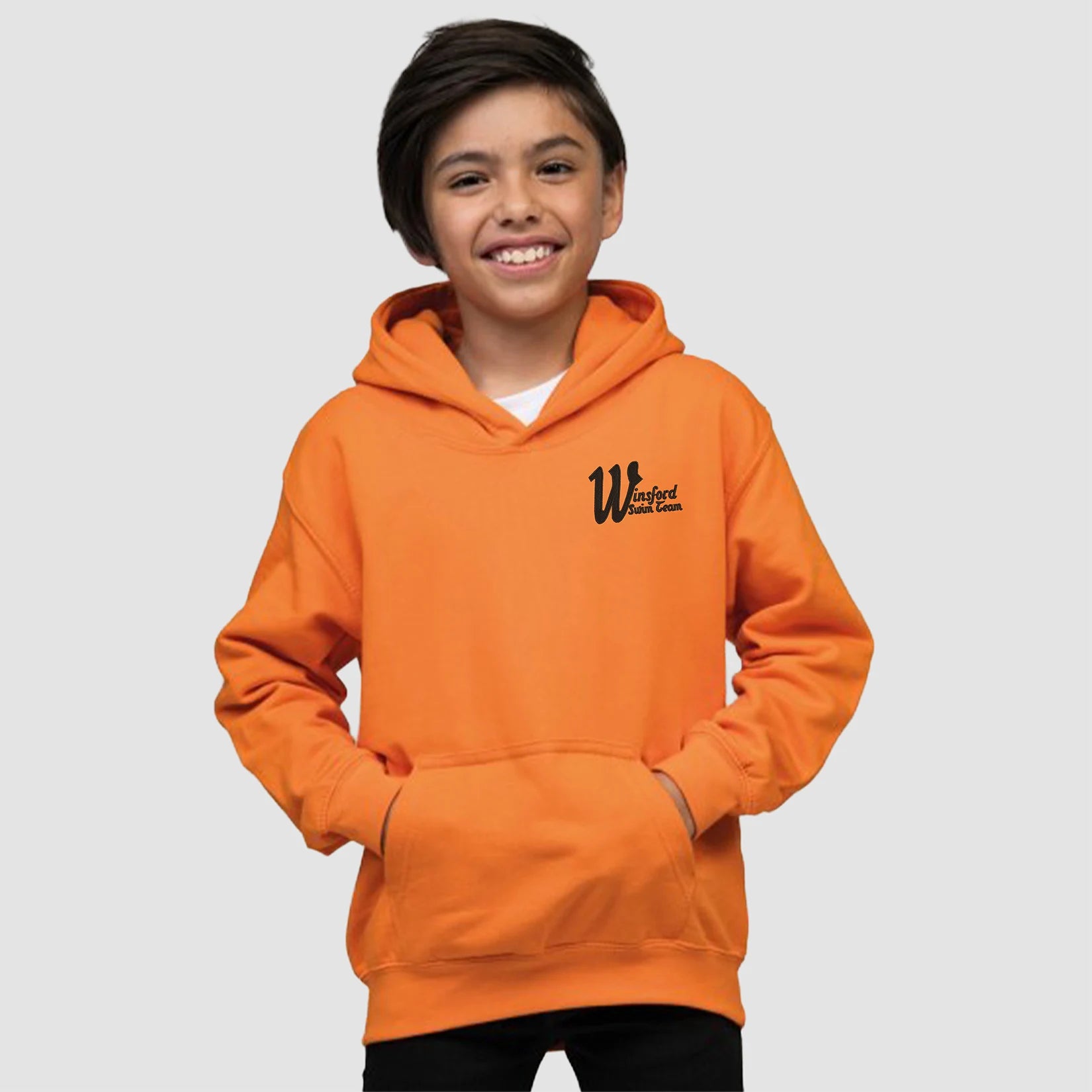 Model wearing the Winsford ASC Team Hoodie – Junior (Orange) JH001B
