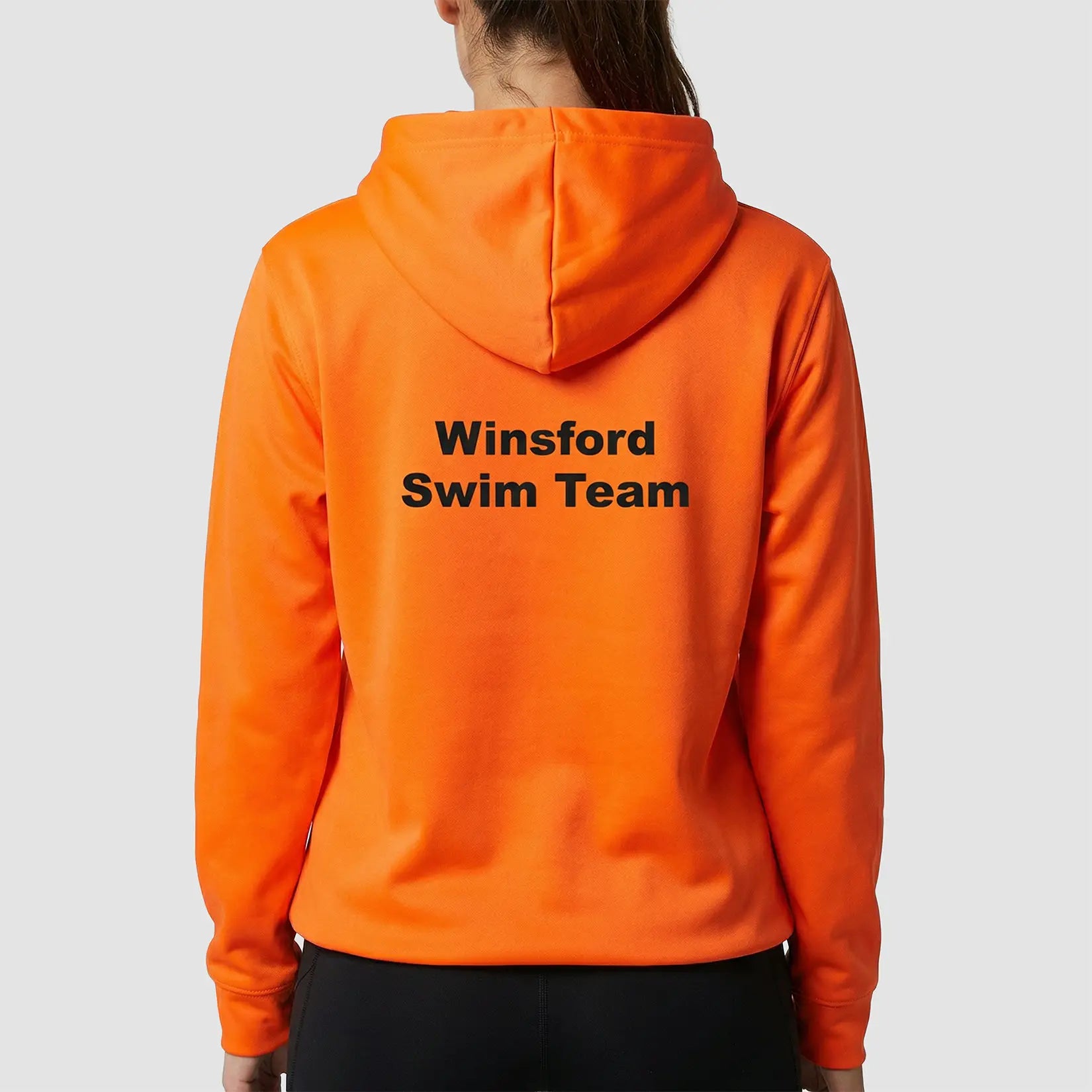 Rear view of Model wearing the JH004 Winsford ASC Team Hoodie – Adult (Orange)