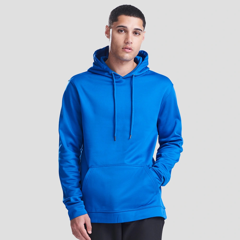 Model wearing the JH006 AWDis Sports Polyester Hoodie in Royal Blue