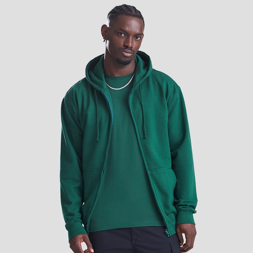 Model wearing the AWDis Zoodie JH050 in bottle green, zipped open