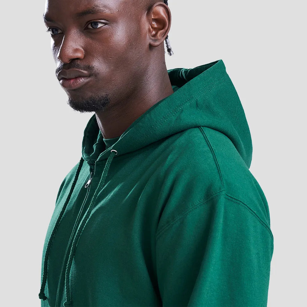 Close-up of model wearing the AWDis Zoodie JH050 in bottle green