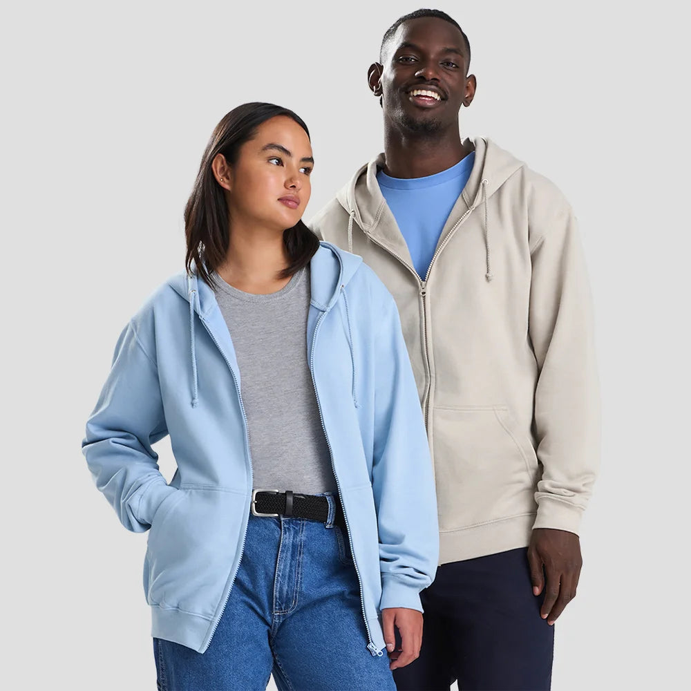 Two models wearing the AWDis Zoodie JH050
