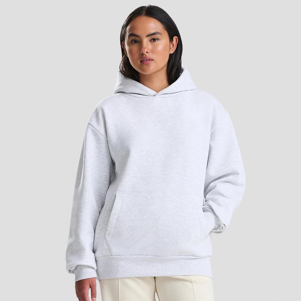 Model wearing the AWDis Heavyweight Signature Hoodie in Ash