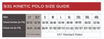 931 Kinetic Polo size guide with chest measurements in inches and centimeters.