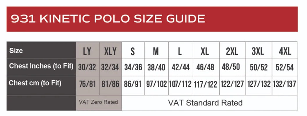 931 Kinetic Polo size guide with chest measurements in inches and centimeters.