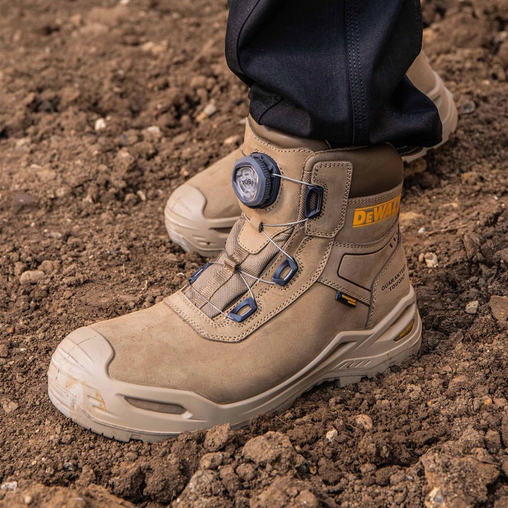 model wearing stone Lander Work Boots
