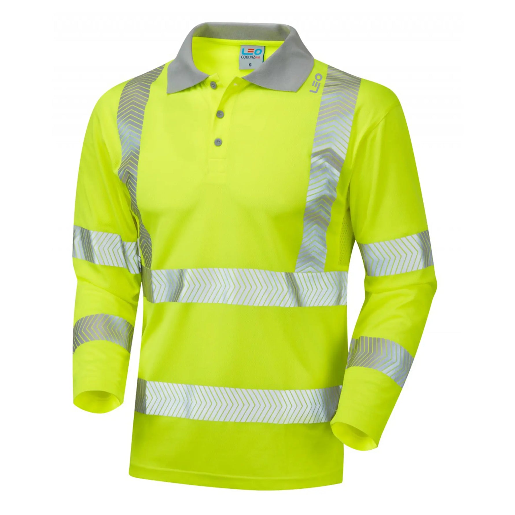 High-visibility Leo Ecovis yellow long-sleeve polo shirt with reflective stripes