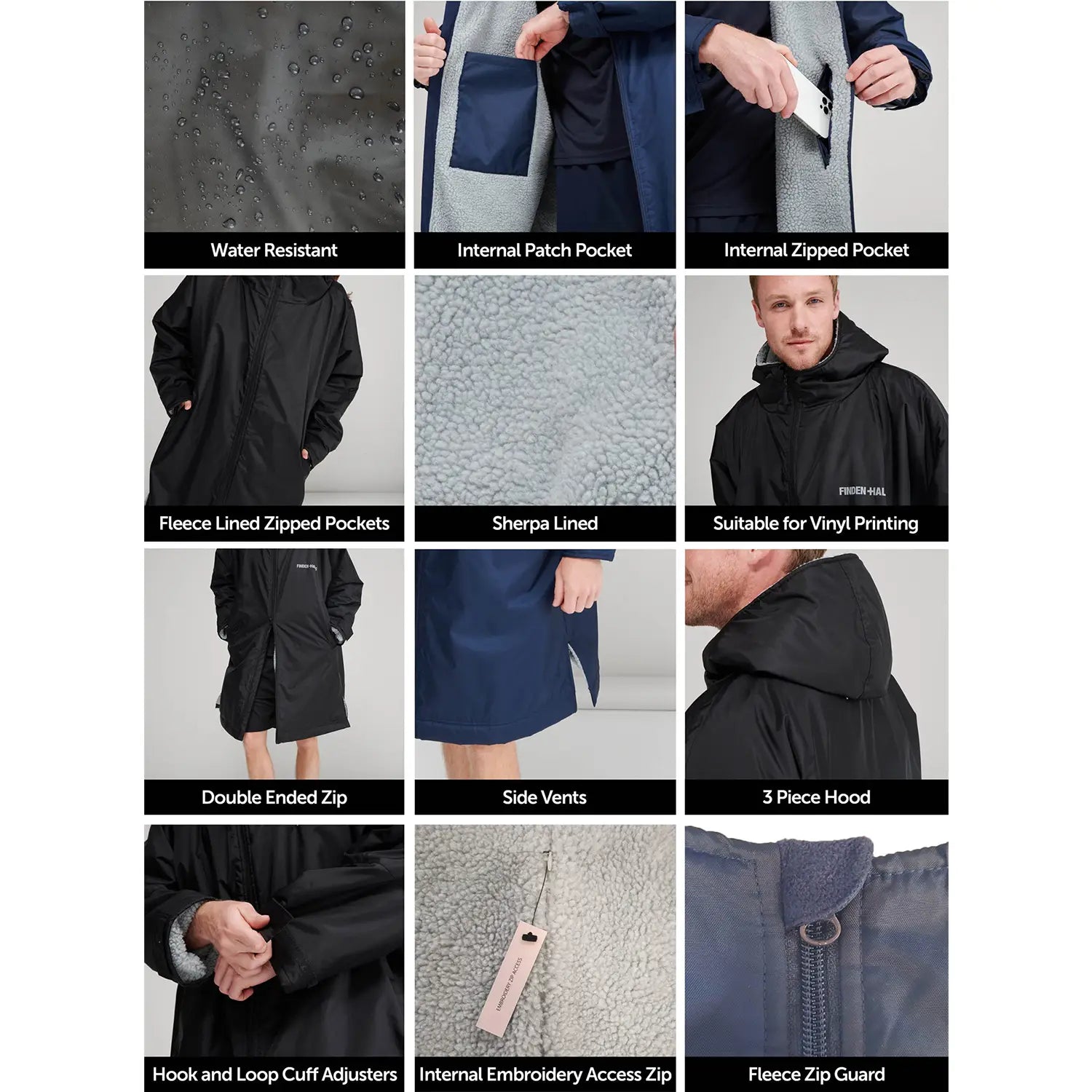 A 3x4 grid collage showing close-up feature highlights of a hooded rain jacket. The panels include water droplets on the fabric, interior patch and zipped pockets, fleece and sherpa lining textures, a model wearing the hood, zipper details, and a close-up of the hook-and-loop cuff adjustment.