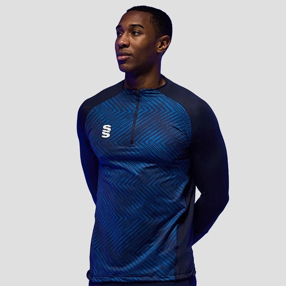 Model wearing the Men's Volt 1/4 Zip Performance Top in Navy.