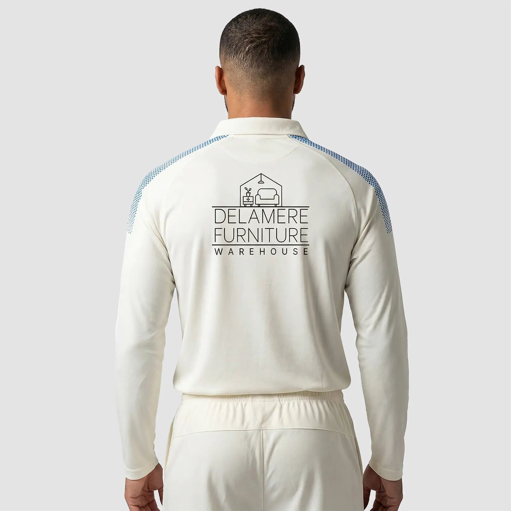 Rear view of Model wearing the Northwich Cricket Club Long Sleeve Playing Shirt