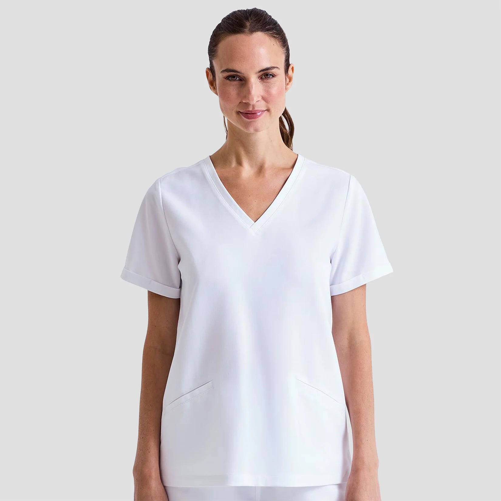Model wearing the Onna by Premier Ladies Invincible Onna-Stretch Tunic in White