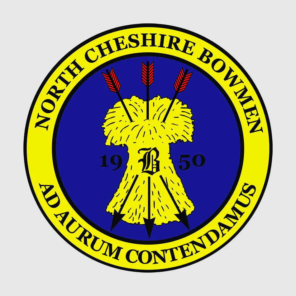 North Cheshire Bowmen logo, circular yellow and blue badge featuring a golden wheatsheaf with red arrows and the year 1950, representing the official branding for North Cheshire Bowmen archery club.