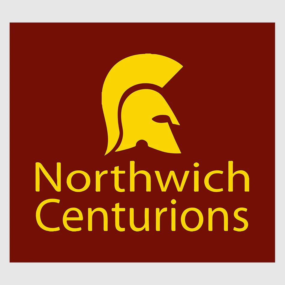 Northwich Centurions logo, maroon background with a yellow Spartan style helmet and text, representing the official branding for Northwich Centurions sports club, with teamwear and merchandise supplied by Buccaneer Group through their official club shop.