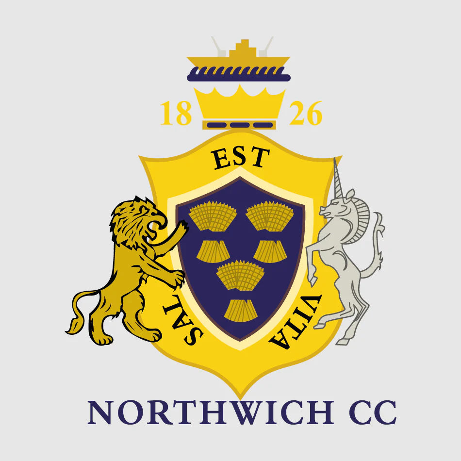 Northwich Cricket Club logo, gold and navy crest featuring a crown, lion, unicorn and three golden wheatsheaves with the text established 1826, representing the official branding for Northwich CC, with cricket teamwear and merchandise supplied by Buccaneer Group through their official club shop.