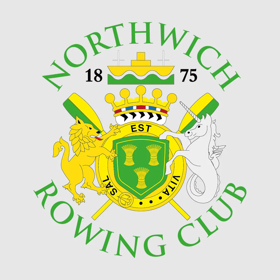 Northwich Rowing Club logo, green and gold crest featuring a crown, lion, unicorn and three golden wheatsheaves crossed with oars and the text established 1875, representing the official branding for Northwich Rowing Club, with rowing kit and merchandise supplied by Buccaneer Group through their official club shop.