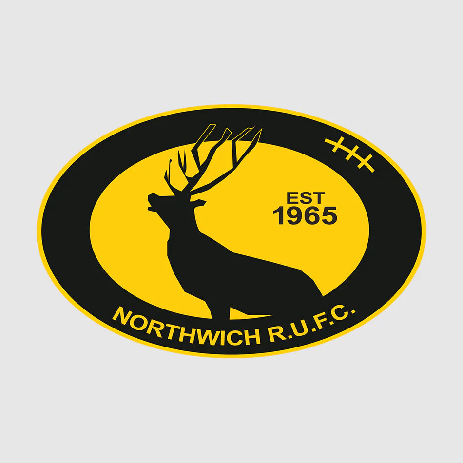 Northwich Rugby Union Football Club logo, oval black and yellow badge featuring a stag silhouette and the text established 1965, representing the official branding for Northwich RUFC, with rugby kits and teamwear supplied by Buccaneer Group through their official club shop.