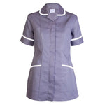 Gray nurse tunic dress with white accents on a white background