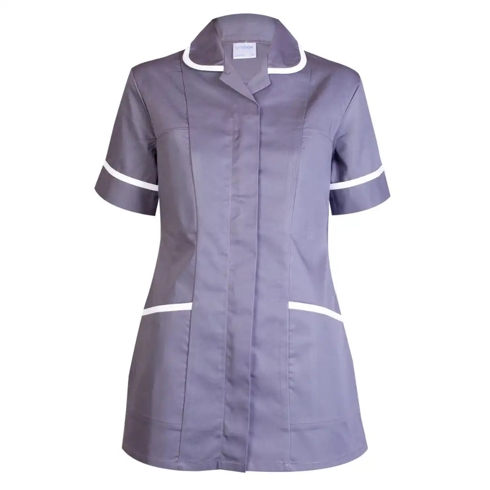Gray nurse tunic dress with white accents on a white background