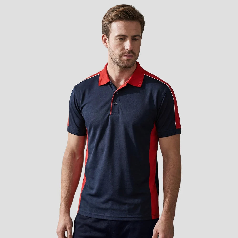 Model wearing the Orn Avocet Polo Shirt 118 in Navy / Red