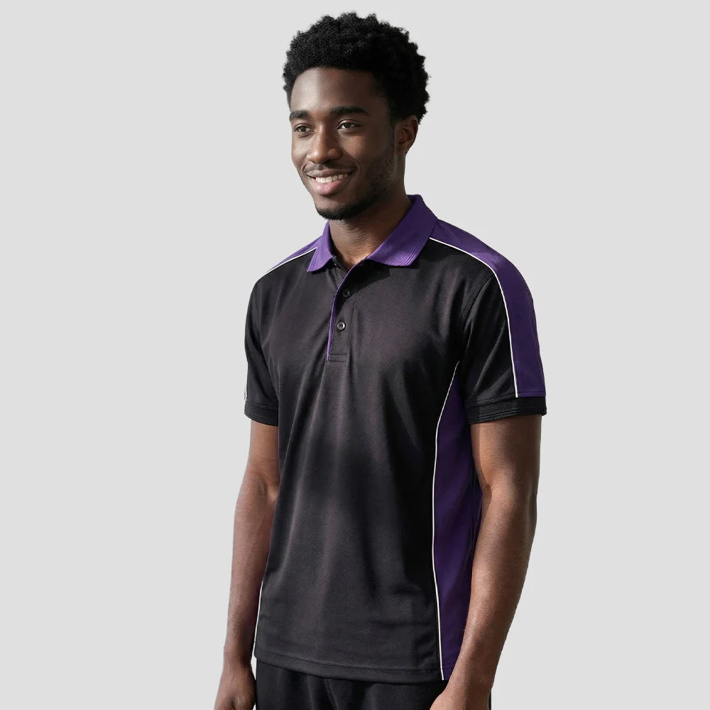 Model wearing the Orn Avocet Polo Shirt 1188 in Black / Purple