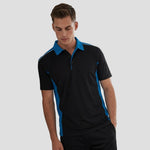 Model wearing the Orn Avocet Wicking Polo Shirt in Black / Reflex Blue