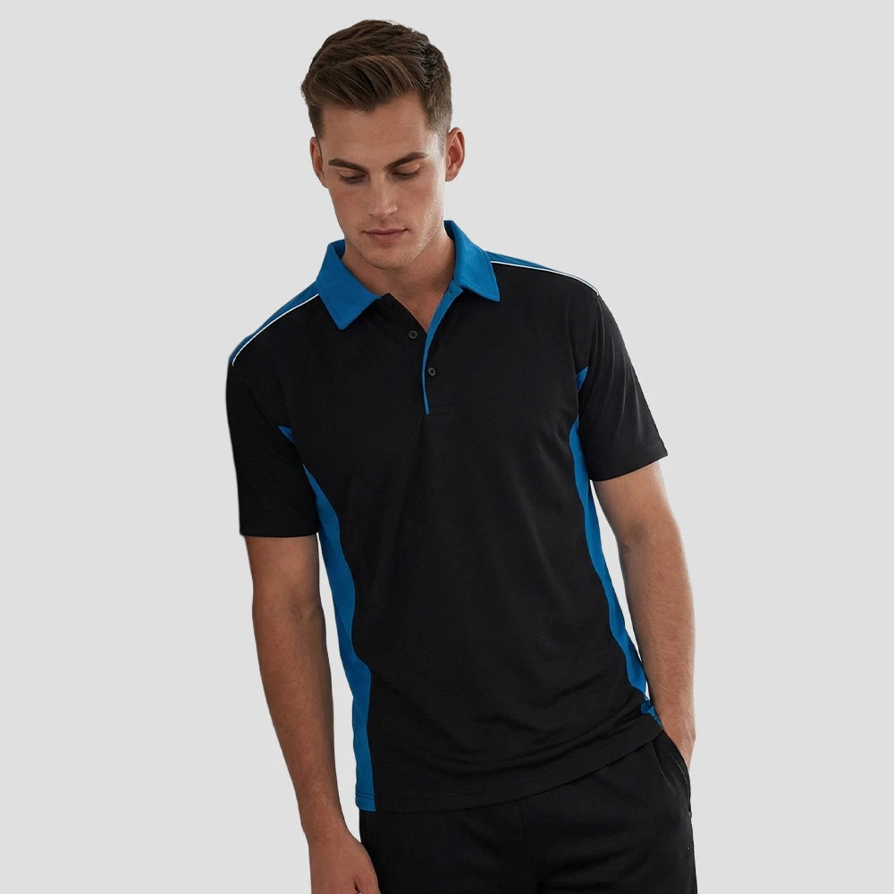 Model wearing the Orn Avocet Wicking Polo Shirt in Black / Reflex Blue