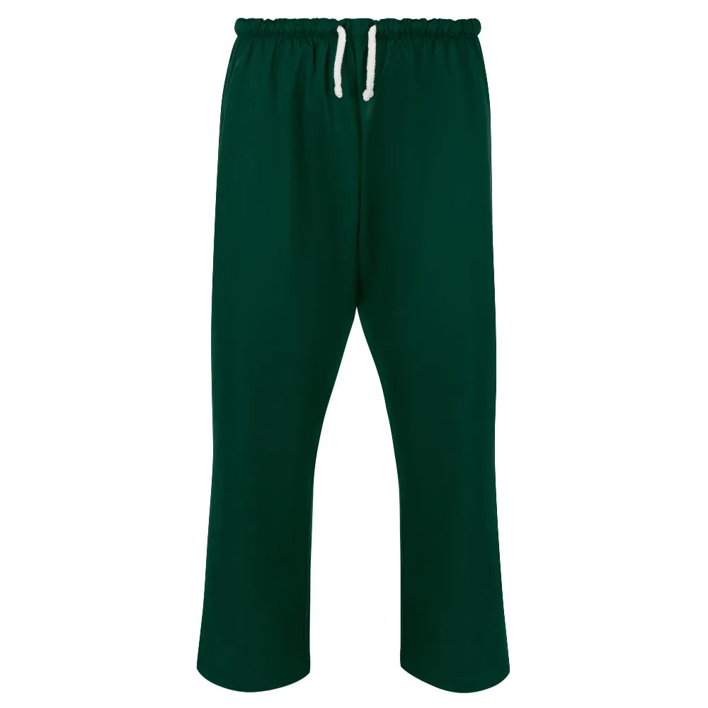 Green scrub trousers with a white drawstring on a white background