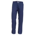 Navy blue scrub pants with a white drawstring on a white background
