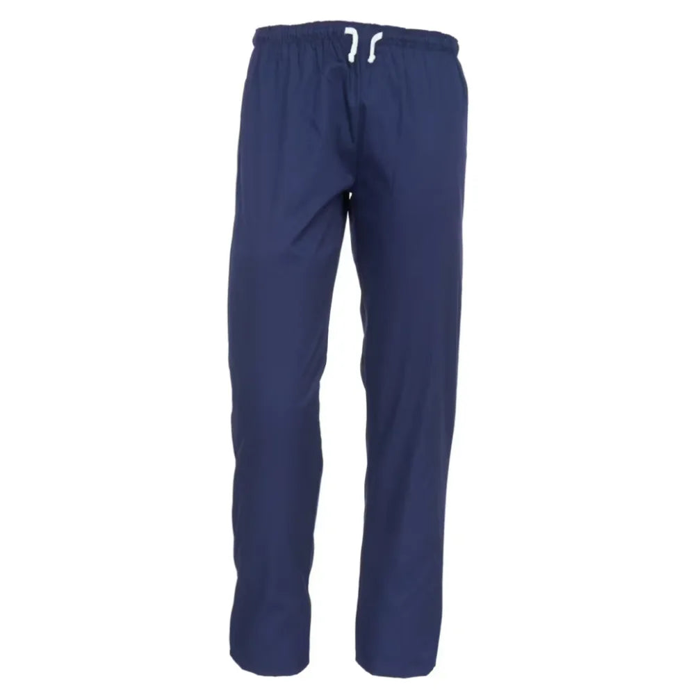 Navy blue scrub pants with a white drawstring on a white background