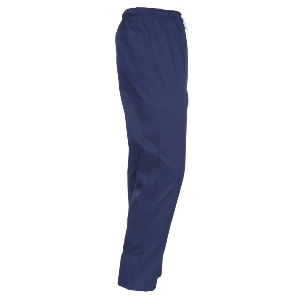 Navy blue scrub pants side view on a white background