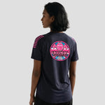 Rear view of model wearing the Pink Fire Brigade Gym T-Shirt