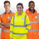 3 models wearing Portwest Hi Vis clothing from the 8 Item Portwest Hi-Vis Bundle with Free Logo