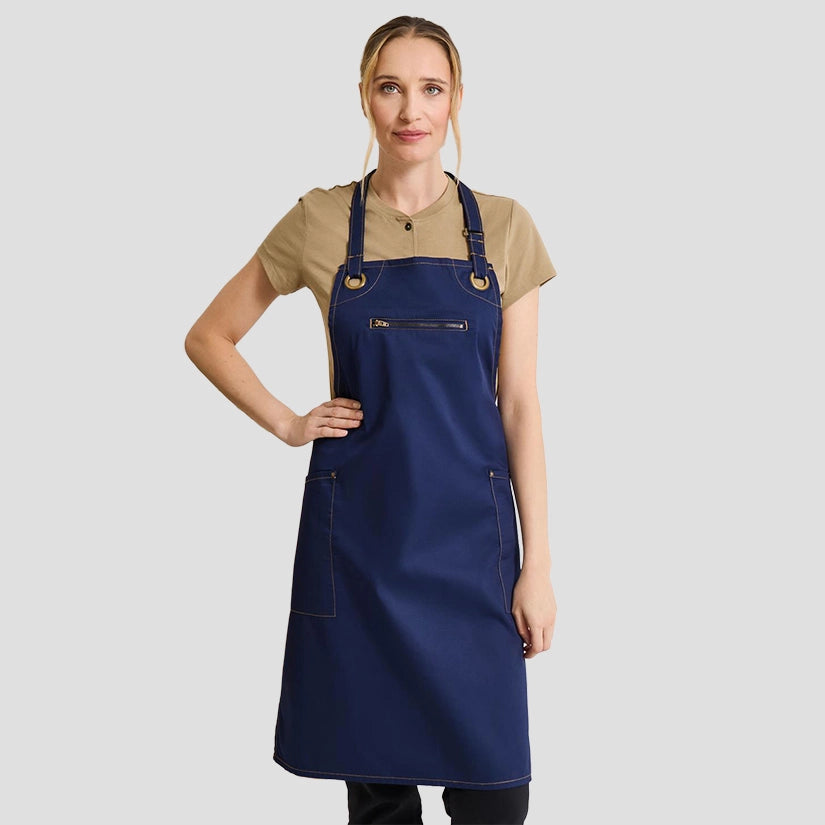 Model wearing the Premier Barley Contrast Stitch Bib Apron PR121.