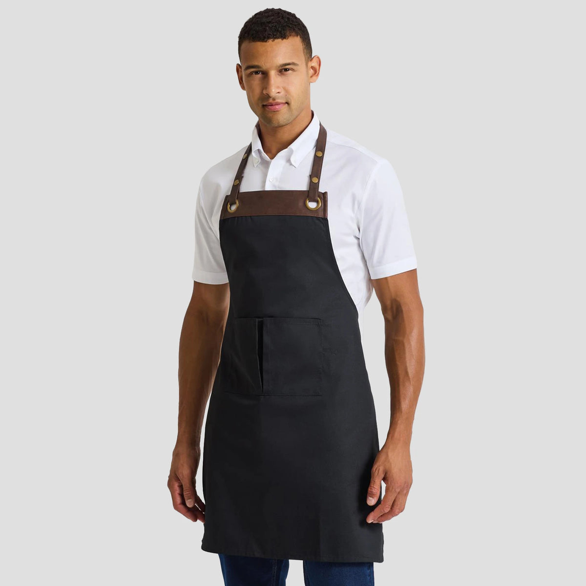 Model wearing the Premier Espresso Bib Apron PR123.