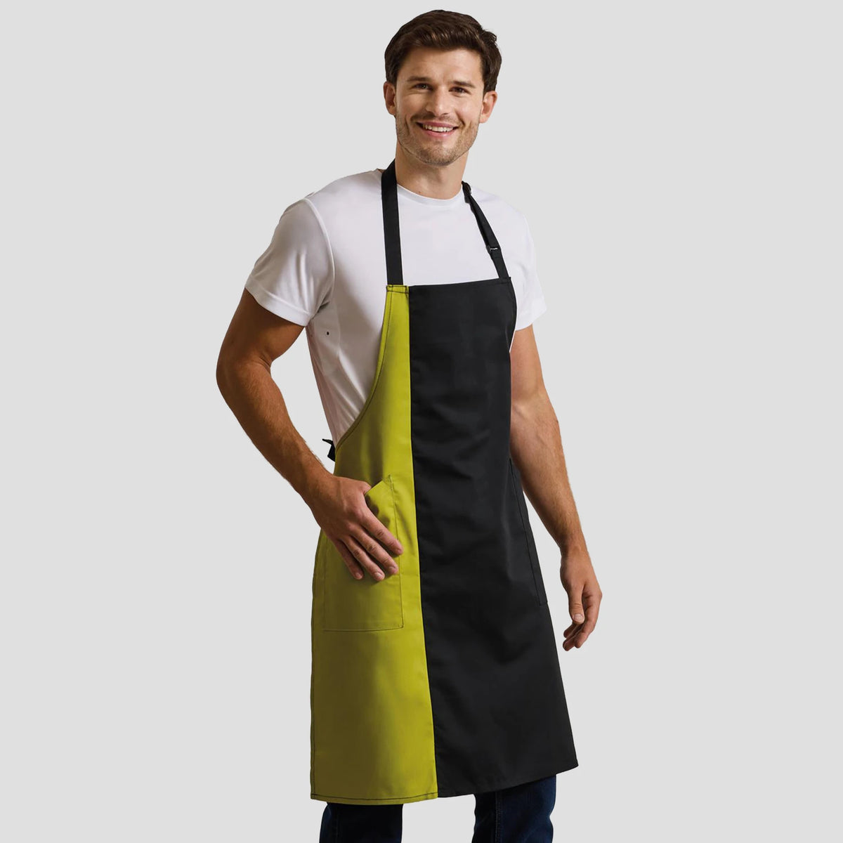 Model wearing the Premier Contrast Bib Apron PR162.