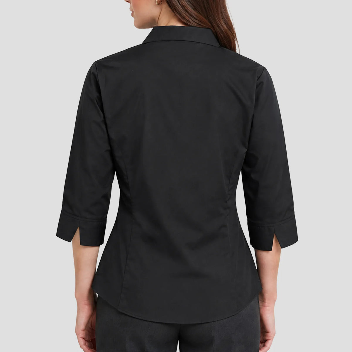 Back view of model wearing the Premier Ladies 3/4 Sleeve Poplin Blouse PR305 in Black.