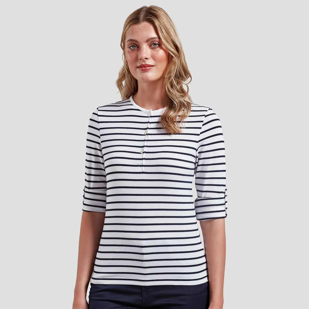 Model wearing the Premier Ladies Long John Roll Sleeve T-Shirt PR318.