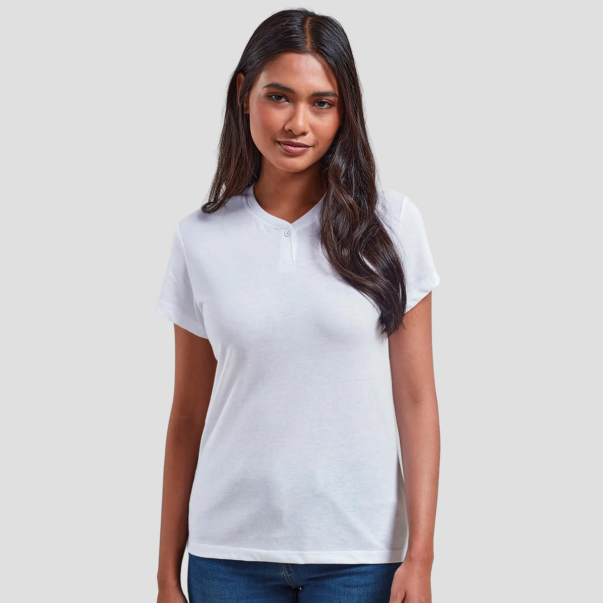 Model wearing the Premier Ladies Cotton Rich Comis T-Shirt PR319.