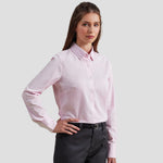 Model wearing the Premier Ladies Long Sleeve Striped Oxford Shirt PR388.