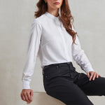 Model wearing the Premier Ladies Banded Collar Grandad Shirt PR358.