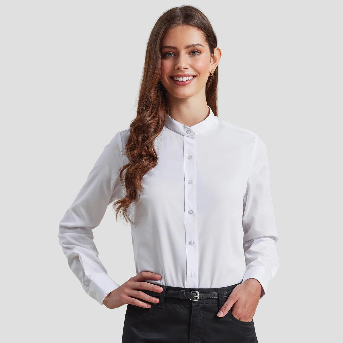 Model wearing the Premier Ladies Banded Collar Grandad Shirt PR358.