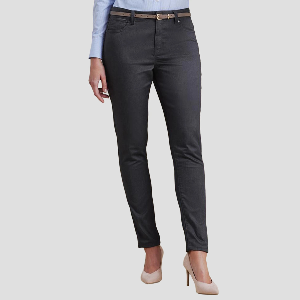 Model wearing the Premier Ladies Performance Chino Jeans PR570.
